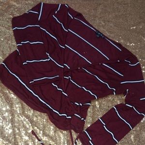 Burgundy stripe shirt.